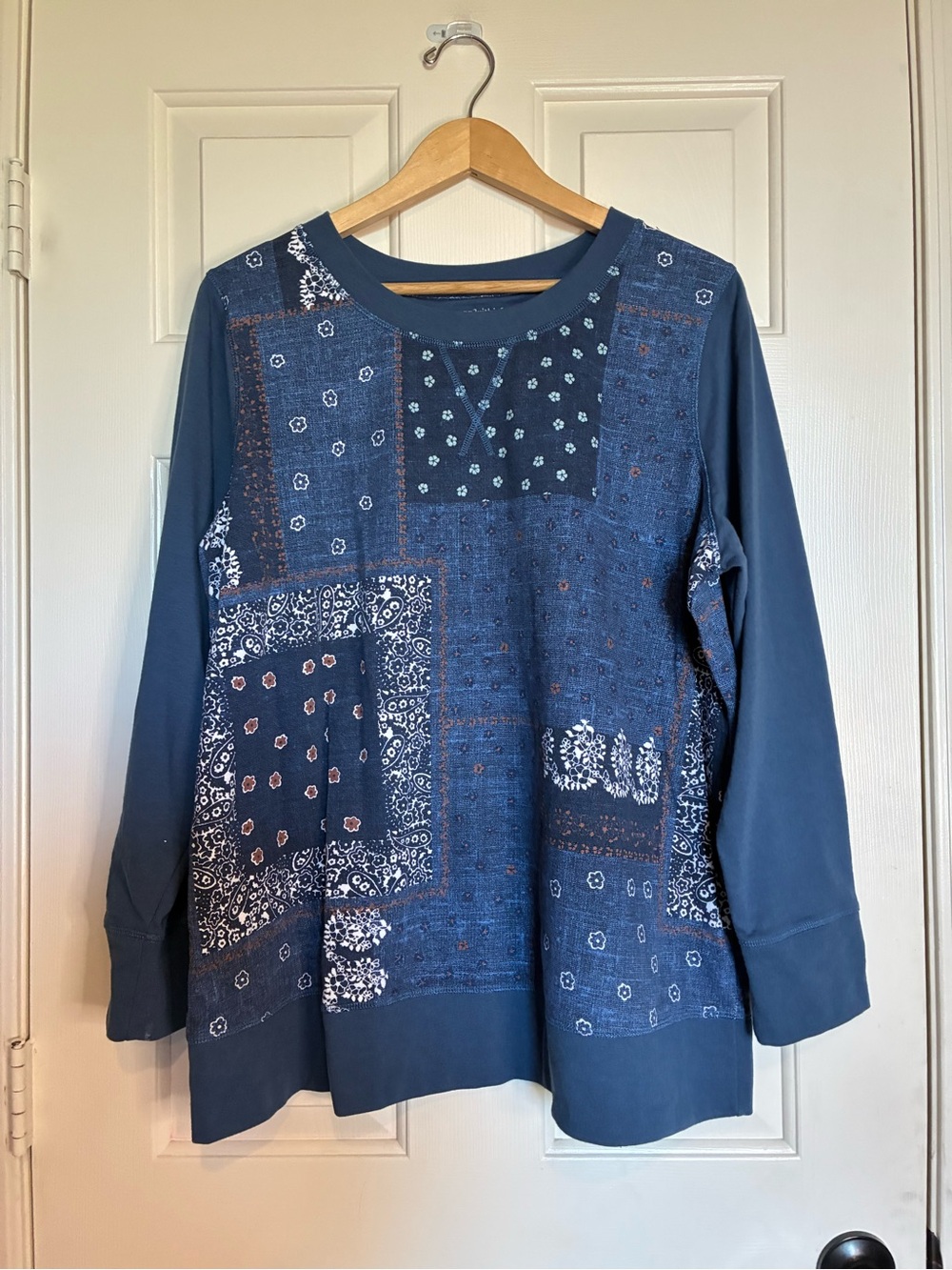 Woman Within Navy Blue Patchwork-Print Pullover Sweatshirt